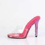 Fabulicious Gala-01DMM 4.5 inch clear fuchsia two tone rhinestone stiletto slide, side view of the heel