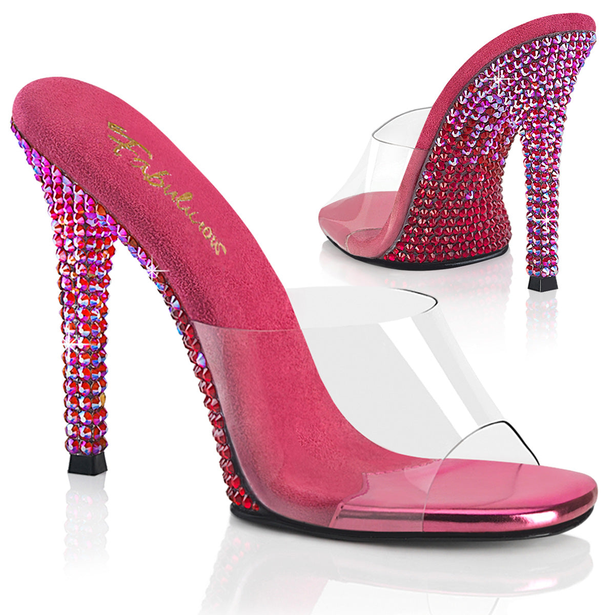 Fabulicious Gala-01DMM 4.5 inch clear fuchsia two tone rhinestone stiletto slide, three-quarter view on white