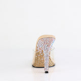 Fabulicious Gala-01DMM 4.5 inch clear gold two tone rhinestone stiletto slide, back view of the heel
