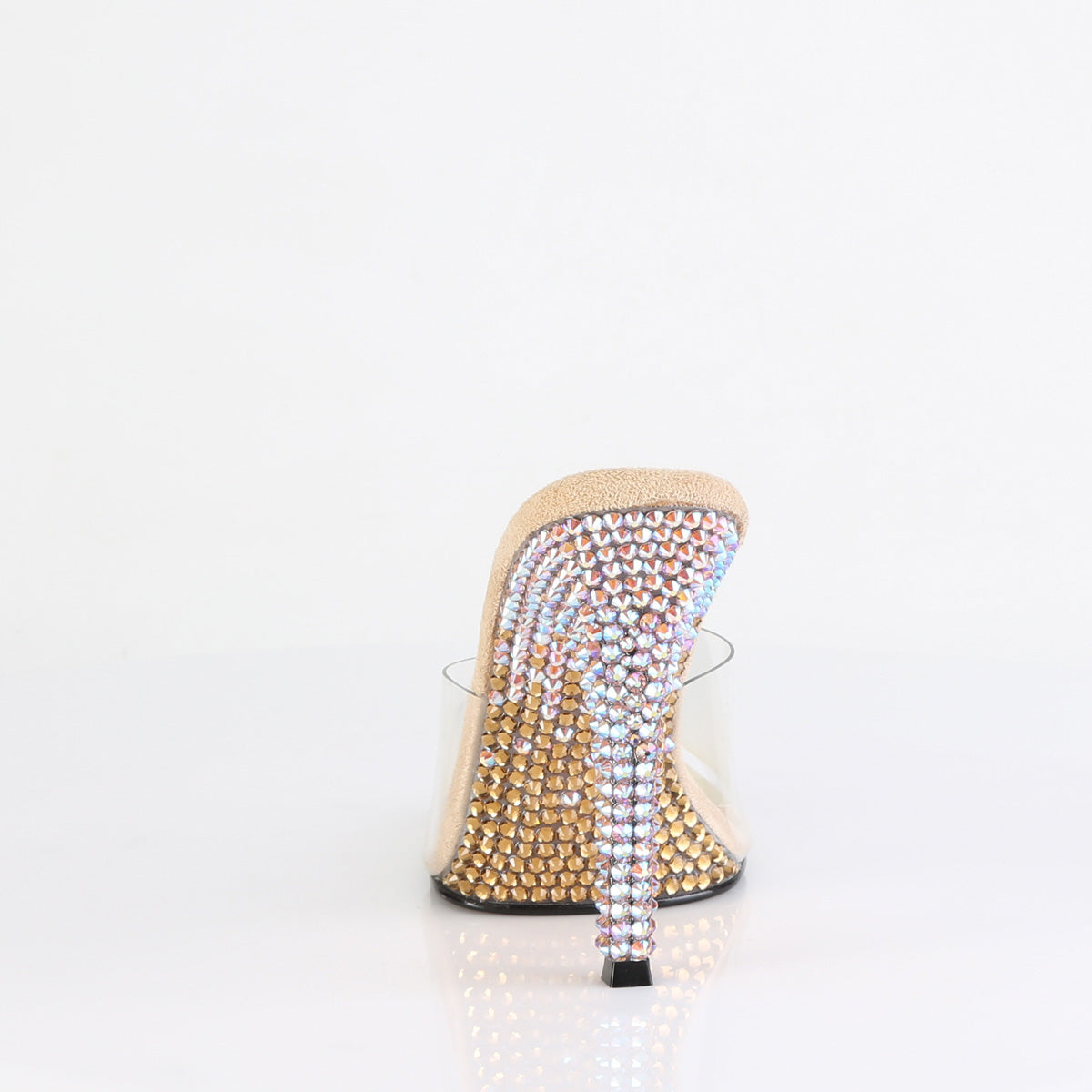 Fabulicious Gala-01DMM 4.5 inch clear gold two tone rhinestone stiletto slide, back view of the heel