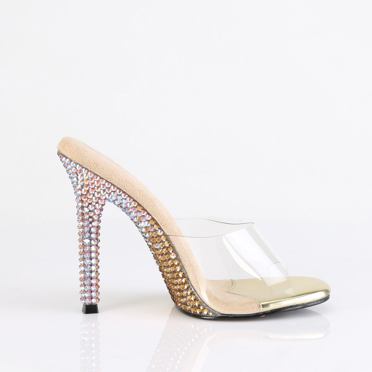 Fabulicious Gala-01DMM 4.5 inch clear gold two tone rhinestone stiletto slide, inside view