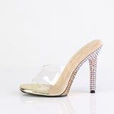 Fabulicious Gala-01DMM 4.5 inch clear gold two tone rhinestone stiletto slide, side view of the heel