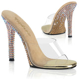 Fabulicious Gala-01DMM 4.5 inch clear gold two tone rhinestone stiletto slide, three-quarter view on white