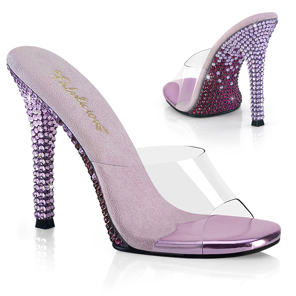 Fabulicious Gala-01DMM 4.5 inch clear lavender two tone rhinestone stiletto slide, three-quarter view on white