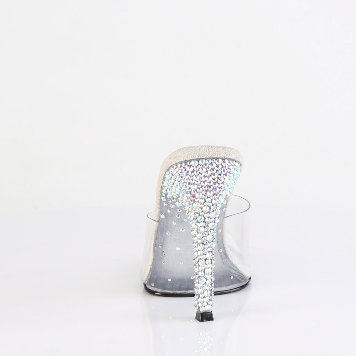 Fabulicious Gala-01DSP 4.5 inch clear silver AB rhinestone stiletto slide, back view of the heel