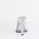 Fabulicious Gala-01DSP 4.5 inch clear silver AB rhinestone stiletto slide, back view of the heel