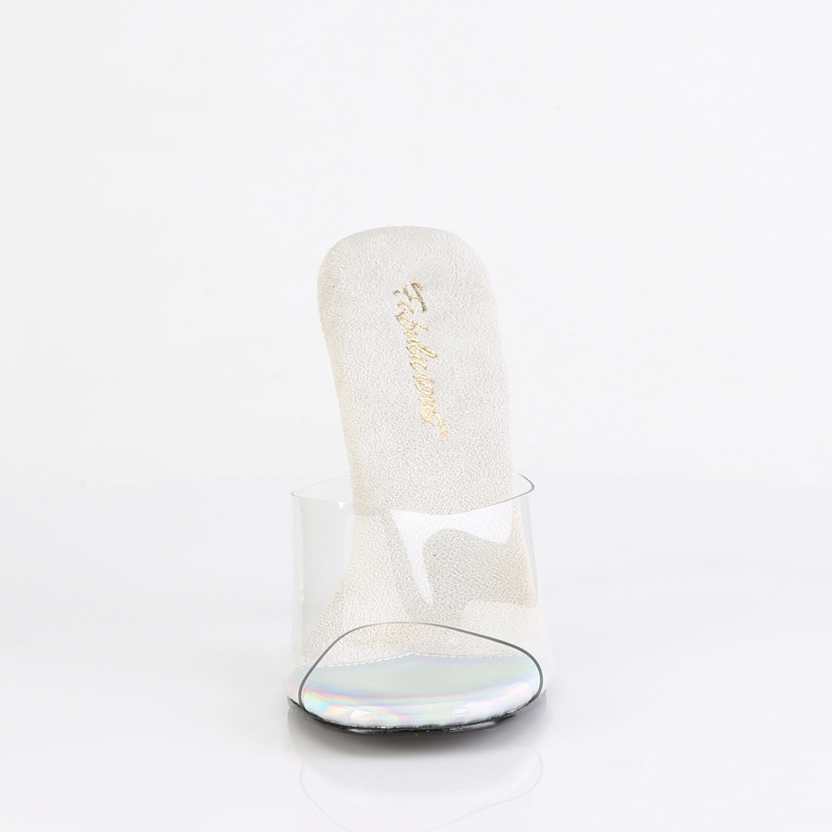 Fabulicious Gala-01DSP 4.5 inch clear silver AB rhinestone stiletto slide, front view