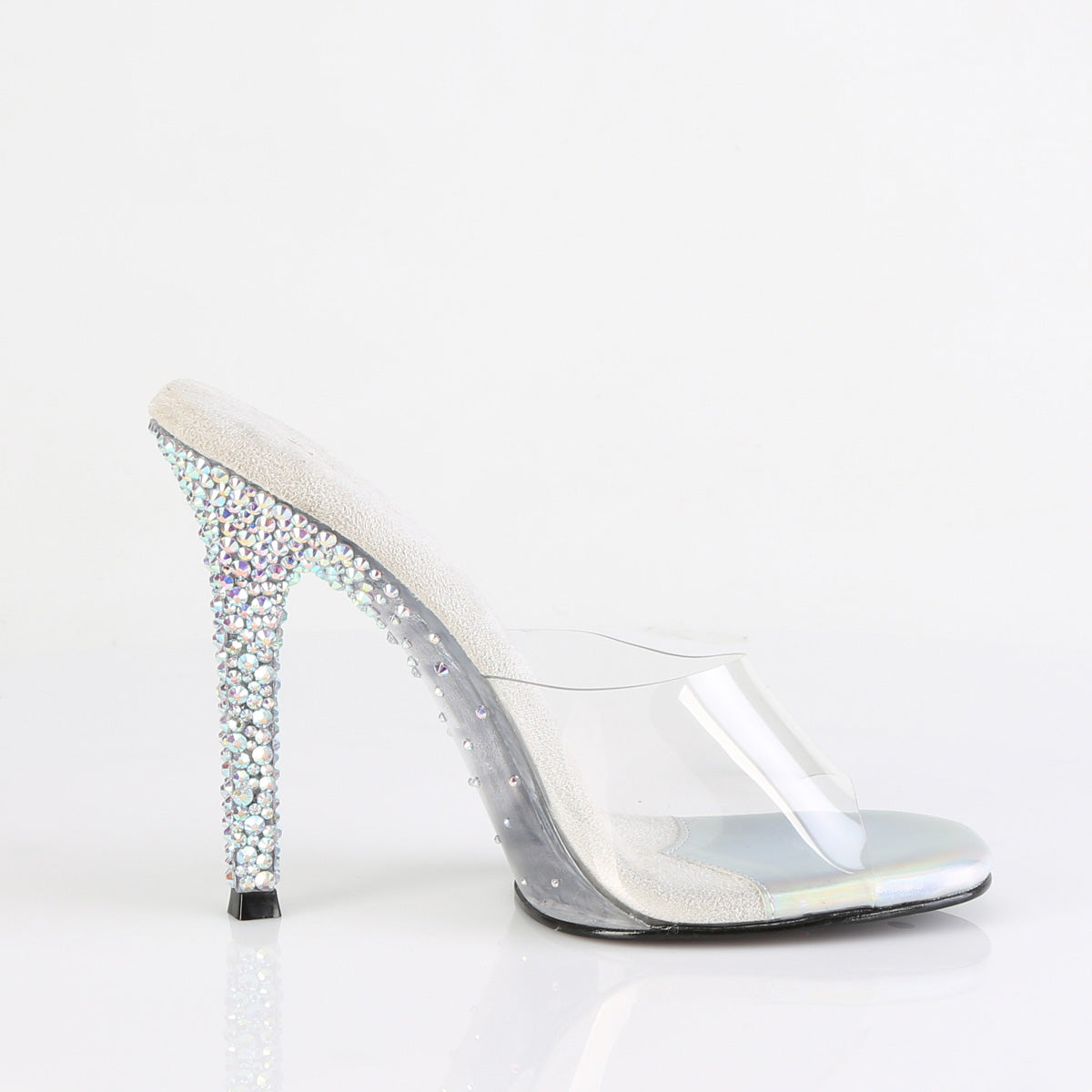 Fabulicious Gala-01DSP 4.5 inch clear silver AB rhinestone stiletto slide, inside view