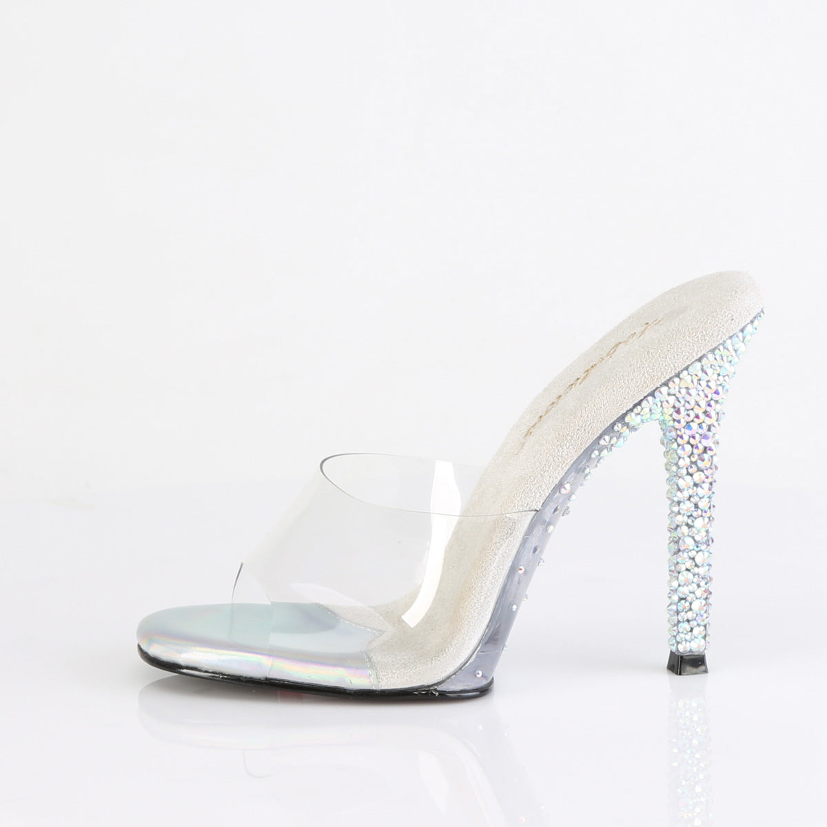 Fabulicious Gala-01DSP 4.5 inch clear silver AB rhinestone stiletto slide, side view of the heel