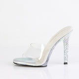 Fabulicious Gala-01DSP 4.5 inch clear silver AB rhinestone stiletto slide, side view of the heel