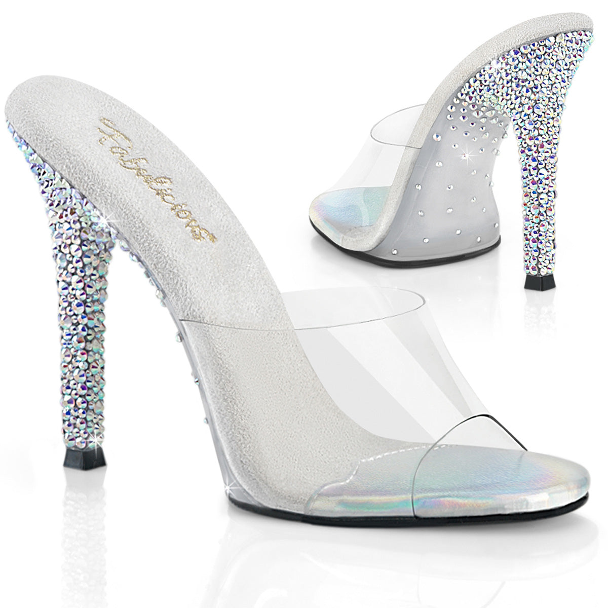 Fabulicious Gala-01DSP 4.5 inch clear silver AB rhinestone stiletto slide, three-quarter view on white