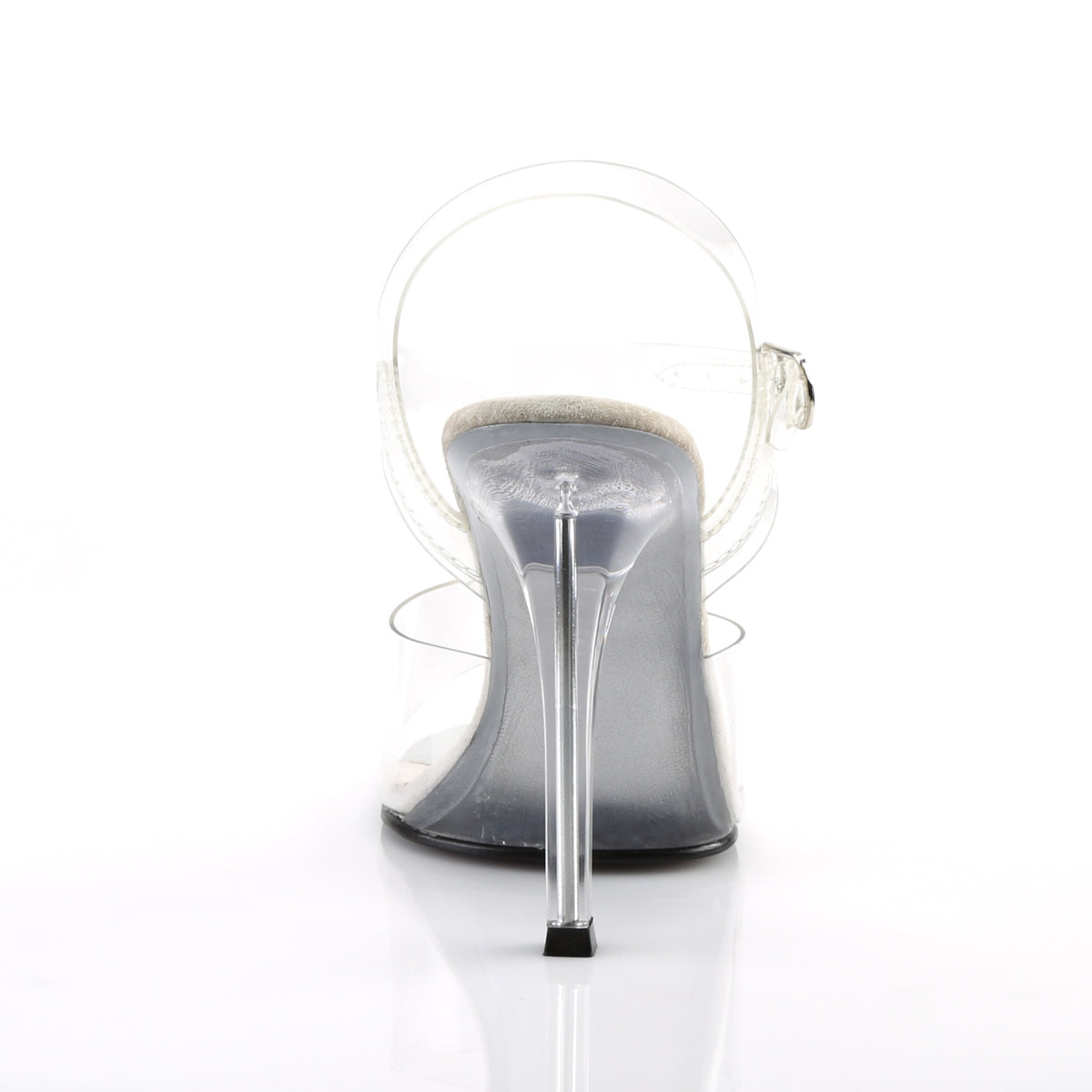 Fabulicious Gala-08 4.5 inch clear stiletto ankle strap sandal, back view of the heel