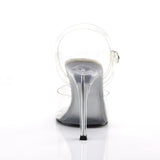Fabulicious Gala-08 4.5 inch clear stiletto ankle strap sandal, back view of the heel