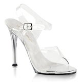 Fabulicious Gala-08 4.5 inch clear stiletto ankle strap sandal, three-quarter view on white