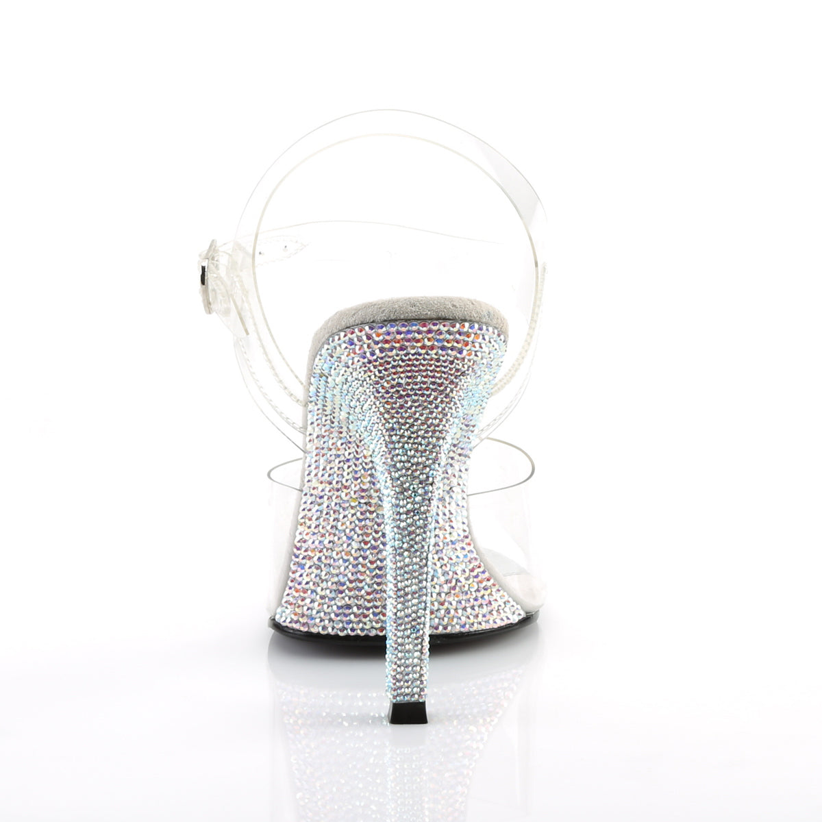 Fabulicious Gala-08DM 4.5 inch clear silver rhinestone stiletto ankle strap sandal, back view of the heel
