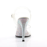 Fabulicious Gala-08DM 4.5 inch clear silver rhinestone stiletto ankle strap sandal, back view of the heel