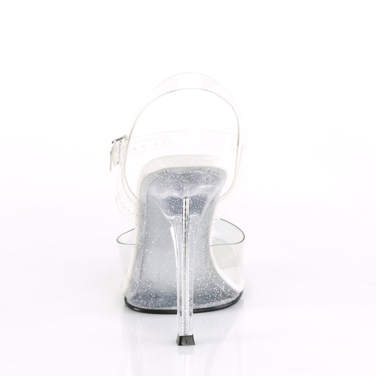 Fabulicious Gala-08MG 4.5 inch clear glitter stiletto ankle strap sandal, back view of the heel