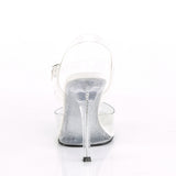 Fabulicious Gala-08MG 4.5 inch clear glitter stiletto ankle strap sandal, back view of the heel