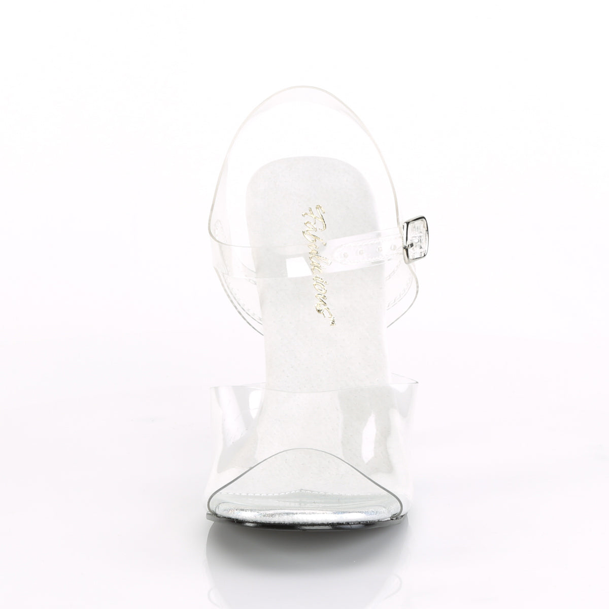 Fabulicious Gala-08MG 4.5 inch clear glitter stiletto ankle strap sandal, front view