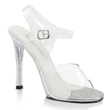 Fabulicious Gala-08MG 4.5 inch clear glitter stiletto ankle strap sandal, three-quarter view on white