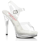 Fabulicious Glory-508 5 inch clear ankle strap sandal, three-quarter view on white