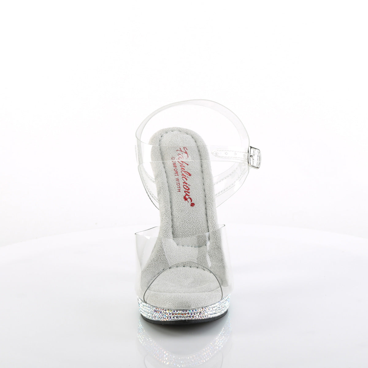 Fabulicious Glory-508DM 5 inch clear silver rhinestone-encrusted ankle strap sandal, front view