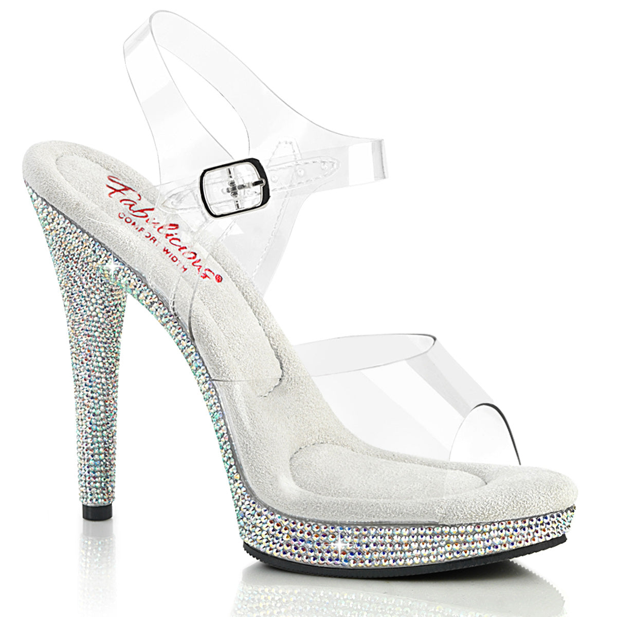 Fabulicious Glory-508DM 5 inch clear silver rhinestone-encrusted ankle strap sandal, three-quarter view on white