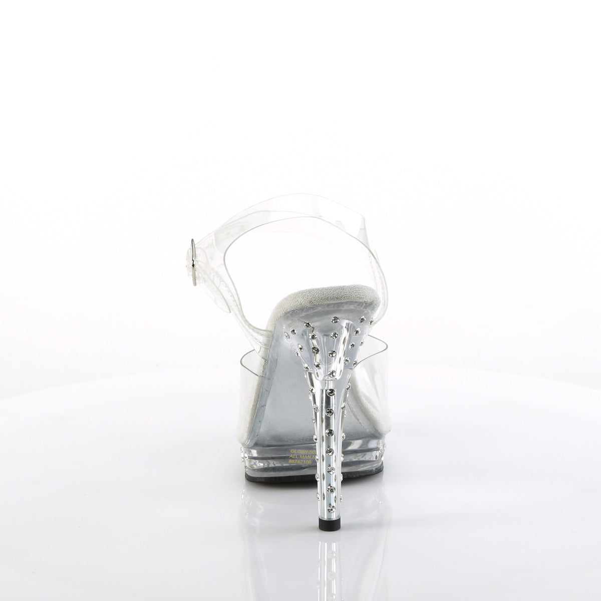 Fabulicious Glory-508SDT 5 inch clear rhinestone studded ankle strap sandal, back view of the heel
