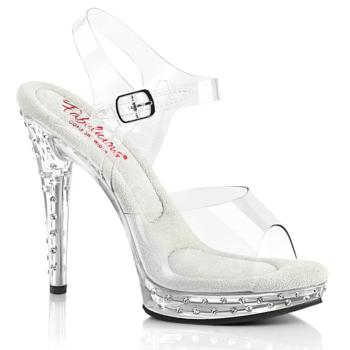 Fabulicious Glory-508SDT 5 inch clear rhinestone studded ankle strap sandal, three-quarter view on white