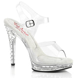 Fabulicious Glory-508SDT 5 inch clear rhinestone studded ankle strap sandal, three-quarter view on white