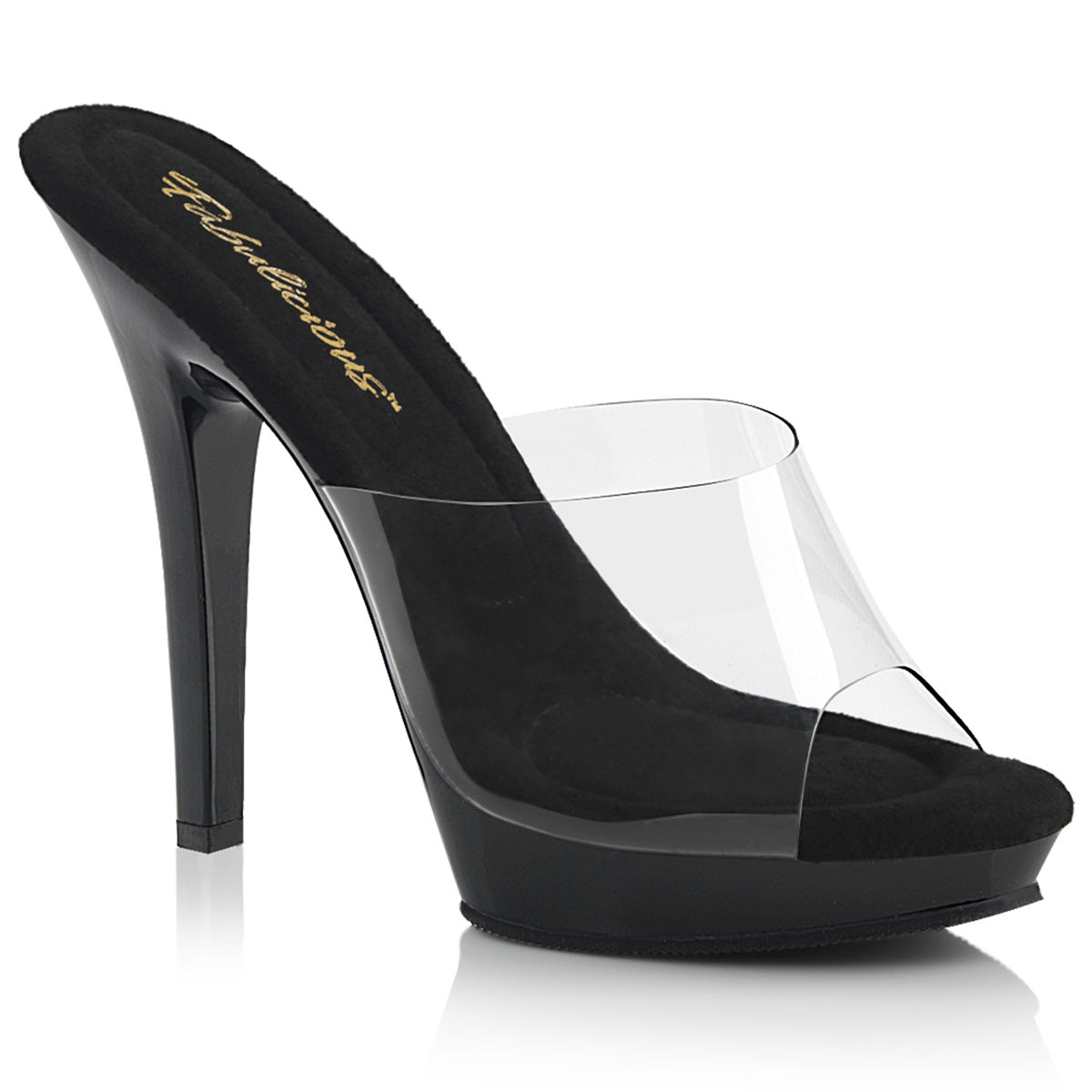 Fabulicious Lip-101 5 inch clear black platform slide, three-quarter view on white