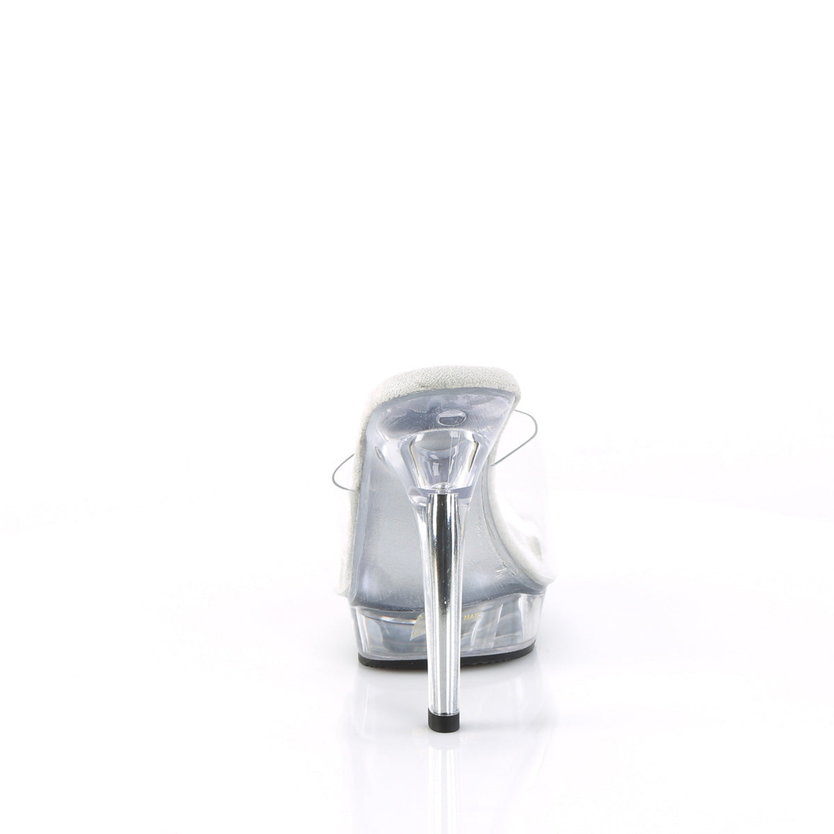 Fabulicious Lip-101 5 inch clear platform slide, back view of the heel