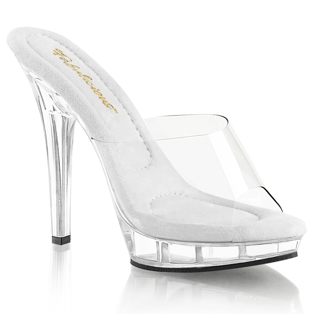 Fabulicious Lip-101 5 inch clear platform slide, three-quarter view on white