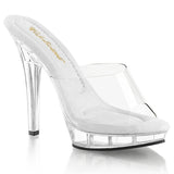 Fabulicious Lip-101 5 inch clear platform slide, three-quarter view on white