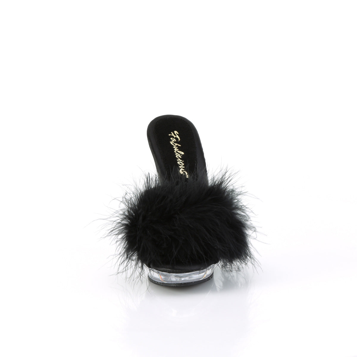 Fabulicious Lip-101-8 5 inch black marabou slide, front view