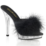 Fabulicious Lip-101-8 5 inch black marabou slide, three-quarter view on white