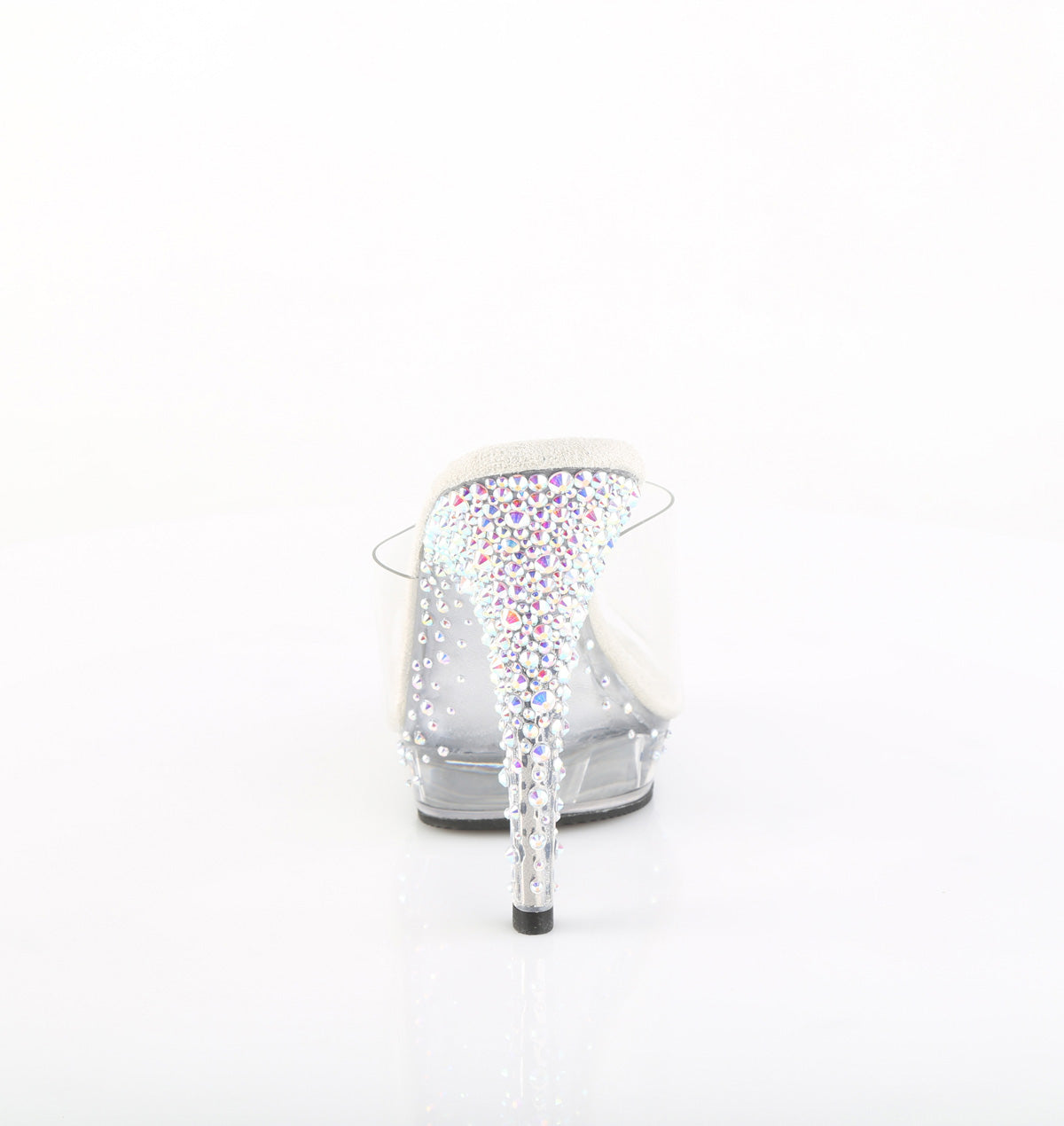 Fabulicious Lip-101CAS 5 inch clear silver rhinestone heel platform slide, back view of the heel