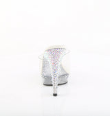 Fabulicious Lip-101CAS 5 inch clear silver rhinestone heel platform slide, back view of the heel
