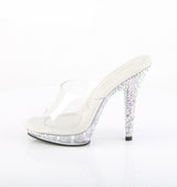 Fabulicious Lip-101CAS 5 inch clear silver rhinestone heel platform slide, side view of the heel