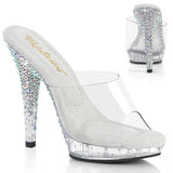 Fabulicious Lip-101CAS 5 inch clear silver rhinestone heel platform slide, three-quarter view on white