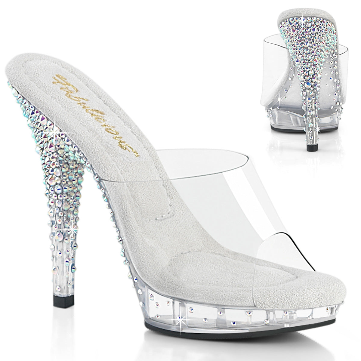 Fabulicious Lip-101CAS 5 inch clear silver rhinestone heel platform slide, three-quarter view on white