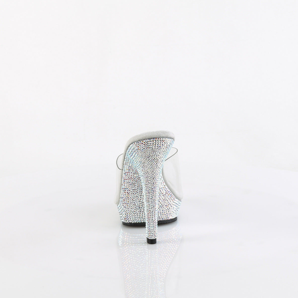 Fabulicious Lip-101DM 5 inch clear silver rhinestone-encrusted platform slide, back view of the heel