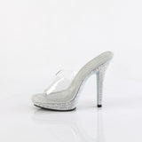 Fabulicious Lip-101DM 5 inch clear silver rhinestone-encrusted platform slide, side view of the heel