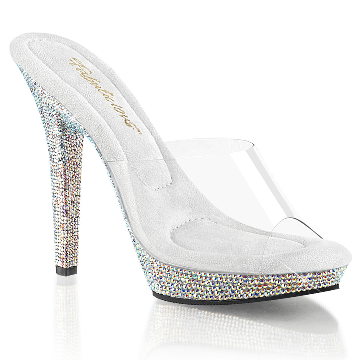 Fabulicious Lip-101DM 5 inch clear silver rhinestone-encrusted platform slide, three-quarter view on white