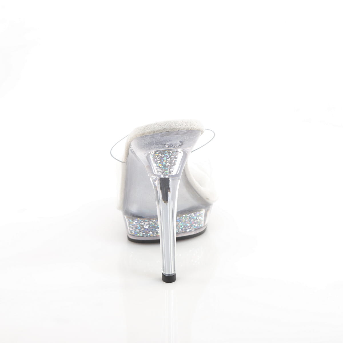 Fabulicious Lip-101RSI 5 inch clear silver rhinestone insert platform slide, back view of the heel