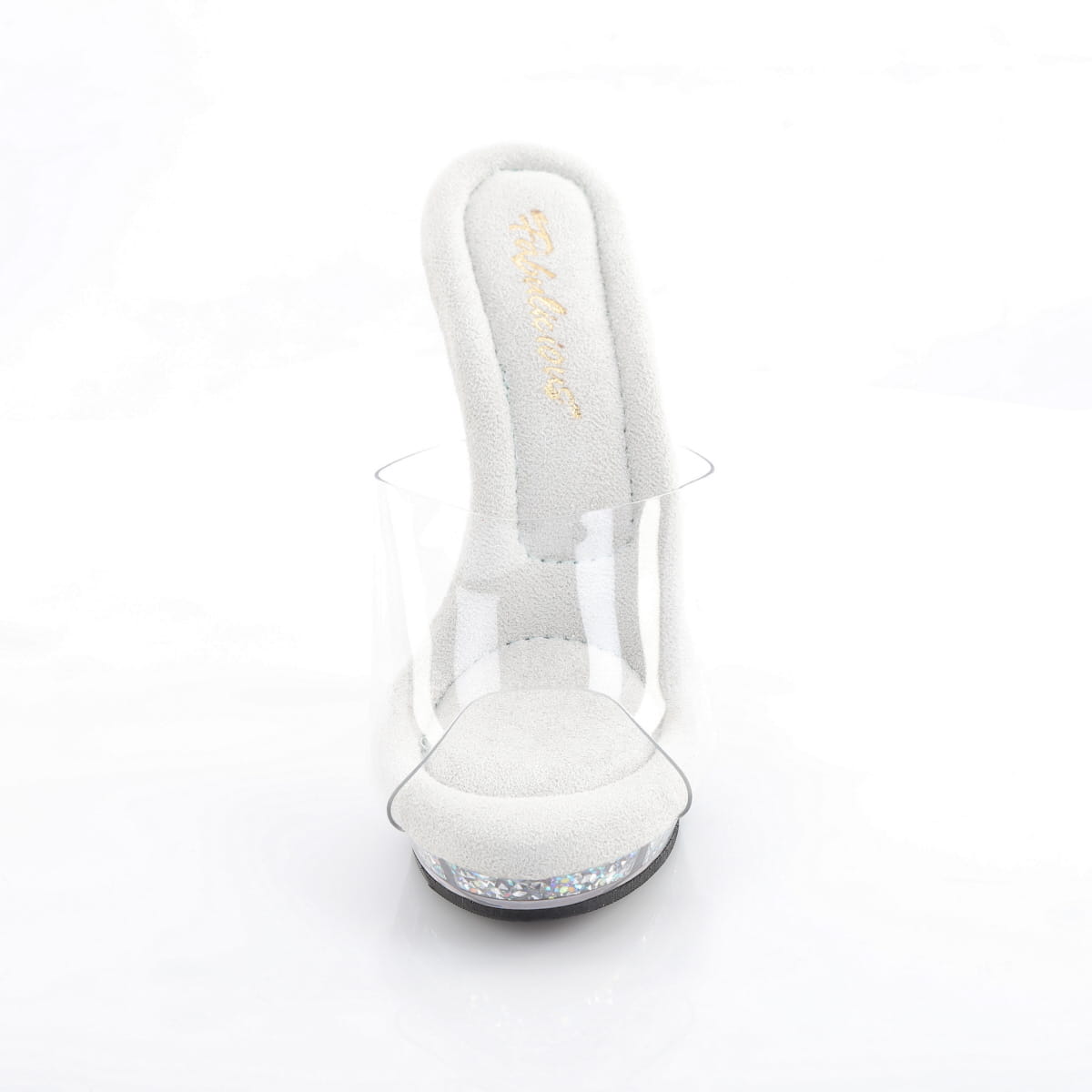 Fabulicious Lip-101RSI 5 inch clear silver rhinestone insert platform slide, front view