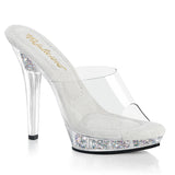 Fabulicious Lip-101RSI 5 inch clear silver rhinestone insert platform slide, three-quarter view on white