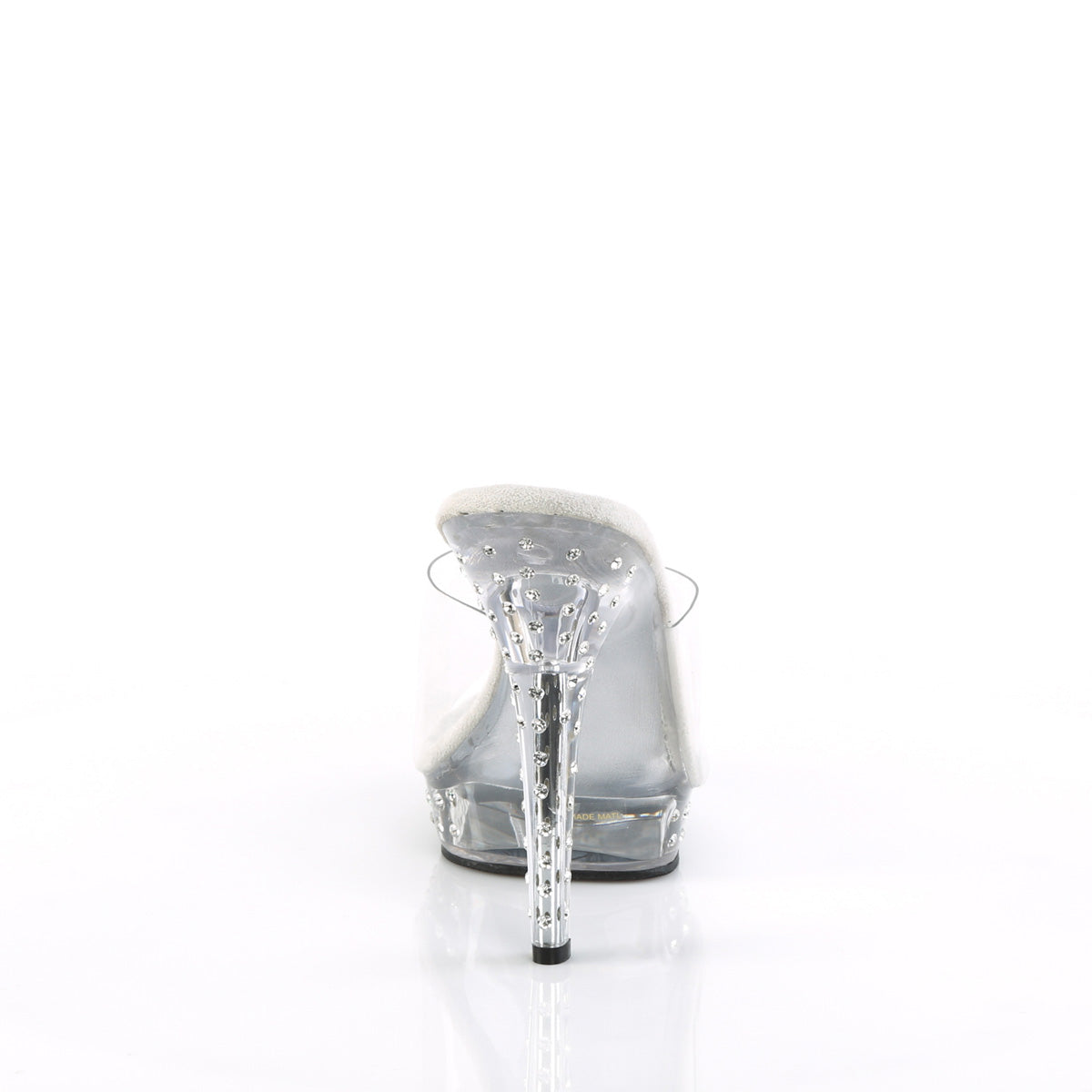 Fabulicious Lip-101SDT 5 inch clear rhinestone studded platform slide, back view of the heel