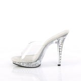 Fabulicious Lip-101SDT 5 inch clear rhinestone studded platform slide, side view of the heel