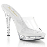Fabulicious Lip-101SDT 5 inch clear rhinestone studded platform slide, three-quarter view on white